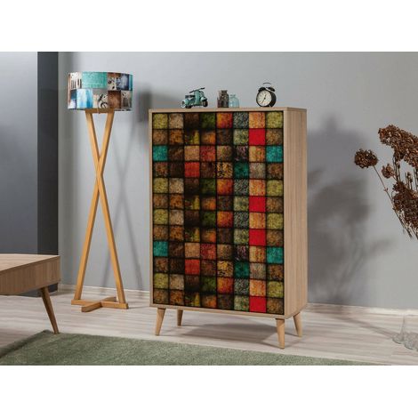 Dmora - Kommode Proxima, Wohnzimmerbuffet, Wohnzimmer-Sideboard, Moderne Küchen-Speisekammer, 80x36h127 cm, Eiche und Multicolor, mit verstärkter Verpackung (1/5)