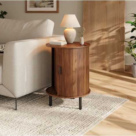 Table d'appoint ronde 48x48x65 cm en MDF, noyer, rangement pour salon, gain de place – MEUBLIV (1/5)