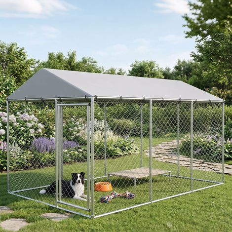Enclos pour Chien Extérieur avec Grille Galvanisée et Verrou, en Acier et Toile Oxford, 4x2,3x2 m, Gris Argenté (1/5)
