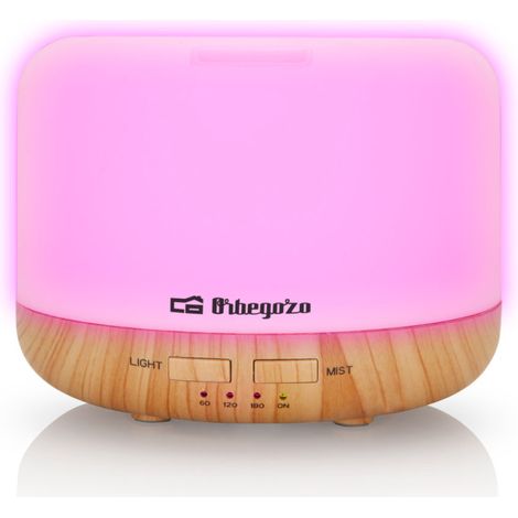 Humidificador de Aromaterapia 400ml Orbegozo  Difusor de Aceites Esenciales con Luz LED  14,3x10,9x14,3cm  Temporizador