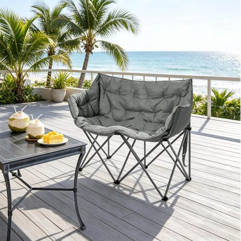 Silla de camping plegable de 2 plazas en metal y tela, gris oscuro, con bolsa de transporte (1/5)