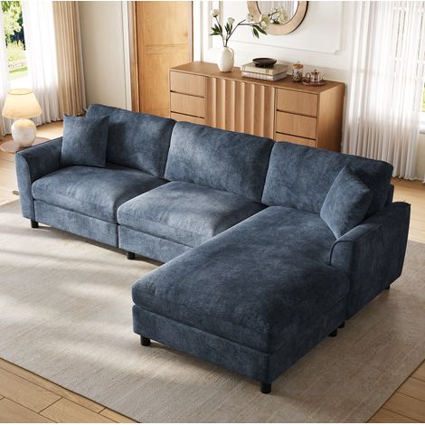 Canapé d’angle modulable 3 places en chenille bleu, méridienne réversible 256x137x79 cm, OKWISH (1/5)