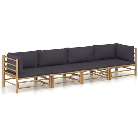 4-tlg. Garten-Lounge-Set mit Dunkelgrauen Kissen Bambus