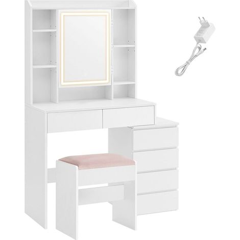Tocador con LED 3 brillos ajustables 40 x 97,5 x 145 cm mesa de maquillaje con espejo cajones compartimentos abiertos taburete estantes ajustables moderno blanco nube 120005154 (1/5)