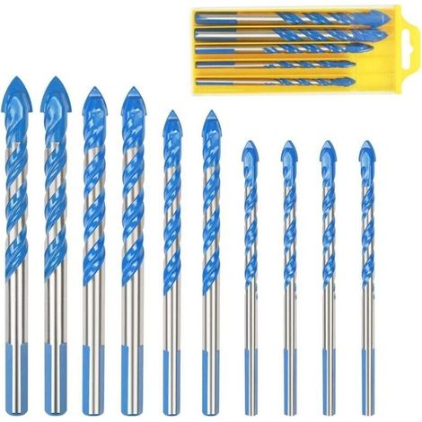 Forets Pour Carrelage Verre, 10 Pcs Foret Multi-matériaux Triangle Porcelaine Forage Métalliques Pour Carrelage Verre Marbre Miroir Bois, 6mm/ 8mm/ 10mm/ 12mm (1/4)
