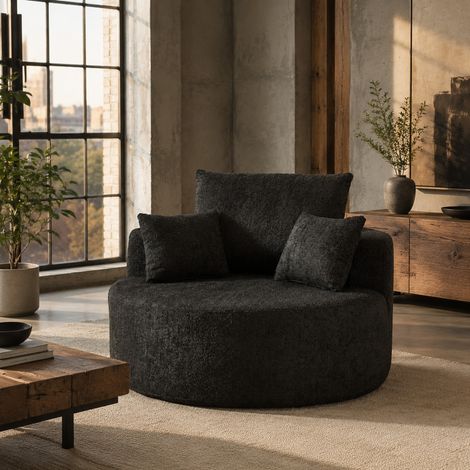 Sillón individual modular de tela negra con cojín cilíndrico de respaldo, sin montaje y con relleno de espuma para salón o dormitorio – CHICFURN, confort acogedor diario (1/5)