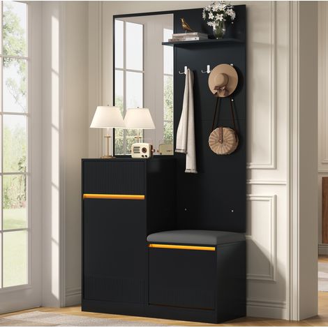 Mobile da ingresso con specchio, scarpiera, panca e LED, 105 x 38 x 190 cm, nero HAVRYA (1/5)