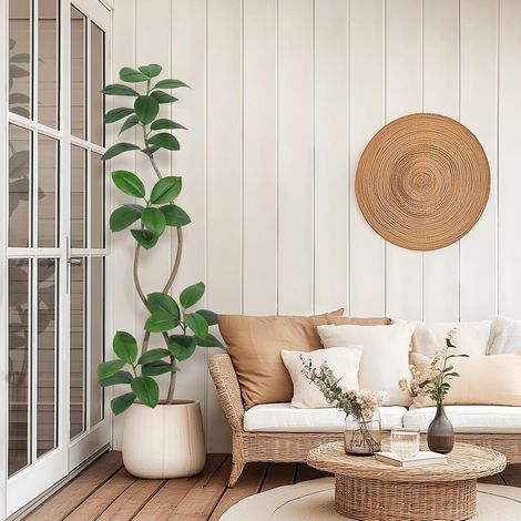 Plante Artificielle réaliste – Arbre Caoutchouc décoratif à Double Tronc, Feuilles Naturelles – Pot Effet Pierre Beige, Galets – Parfait pour Salon, Bureau, entrée – 180cm, Beige Mine Pot (1/5)