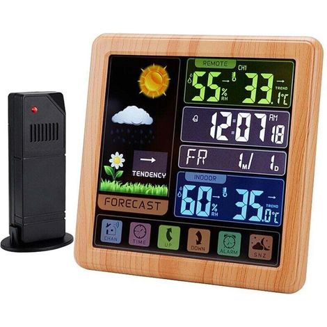 Orologio meteo wireless, orologio multifunzione con schermo a colori, termometro touchscreen per la casa e sveglia con igrometro. (1/4)