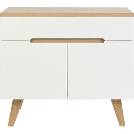 Meuble de salle de bain blanc laqué brillant et bois clair L90 cm MELKA (1/5)
