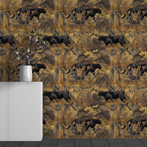 Papier peint panoramique - Motif Feuilles Panthères noires - 130 cm x 81 cm (1/3)