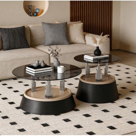 2er-Set Couchtische 70x60x48 cm, gehärtetes schwarzes Glas, platzsparend – MEUBLIV (1/5)