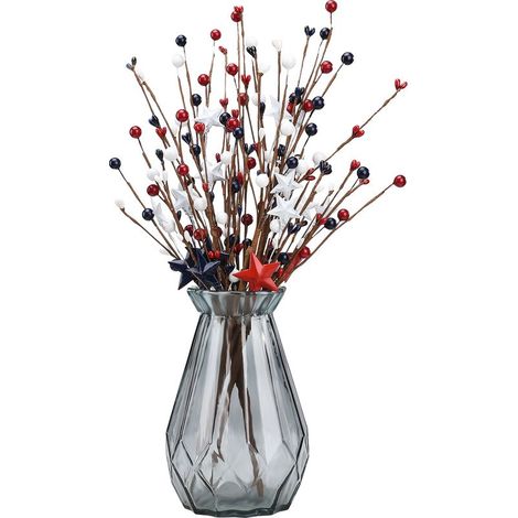 Tige de baies artificielles patriotiques rouges, blanches et bleues, idéale pour le 4 juillet. Motif pentagramme et fausse branche pour la décoration de vases, la maison, le bureau, le restaurant ou t (1/5)