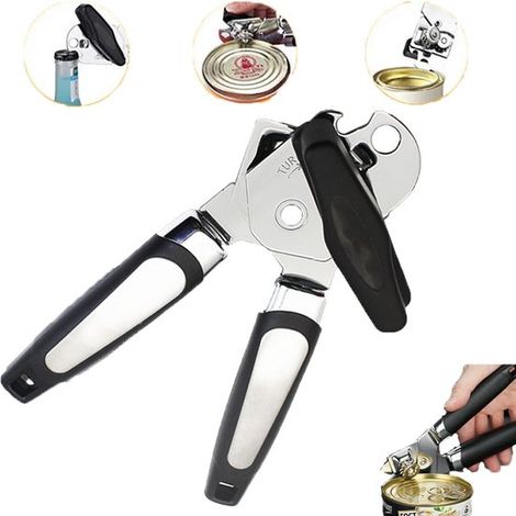 Ouvre-boîte - passoire - Ouvre-boîte de cuisine - Noir - Ouvre-boîte manuel - Ouvre-boîte en acier inoxydable - Lame extra tranchante - Poignée ergonomique et confortable noire (1/5)