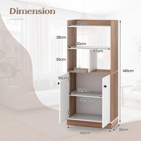Bibliothèque avec placard 2 portes, étagère 3 niveaux et 4 cubes ouverts, 60x30x140 cm, pour salon ou bureau (1/5)
