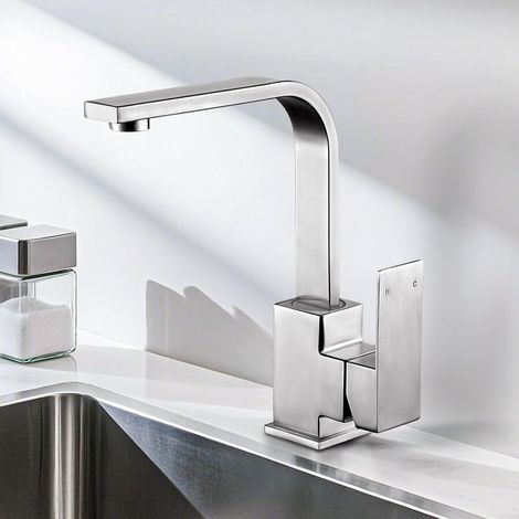 360 ° Robinet Evier de Cuisine Pivotant à , Mitigeur Monocommande en Acier Inox Robinetterie Cuisine Bec Forme de L Nickel Brossé (1/5)