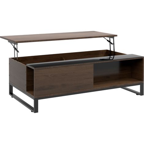 Table basse relevable avec rangements, plateau en verre et effet bois foncé, structure en métal, 102 x 58 x 35,5 cm, pour salon moderne  CHICFURN (1/5)