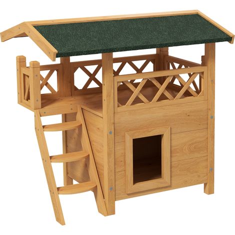 Niche extérieure pour chats errants et sauvages, avec terrasse et escalier, 77 x 50 x 73 cm, bois naturel et vert (1/5)