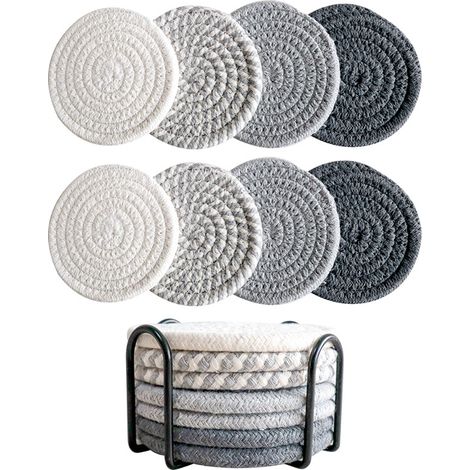 Jeu de 8 sous-verres pour boissons, bière, café, tissés en coton, sous-verres absorbants de 4 couleurs avec support, sous-verres boho pour décoration maison, protection de surface de table (1/4)
