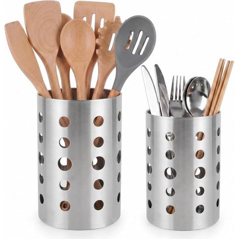 Lot de 2 Porte Ustensiles de Cuisine en fer forgé Inoxydable Panier à Couverts Rangement (Argent) (1/5)