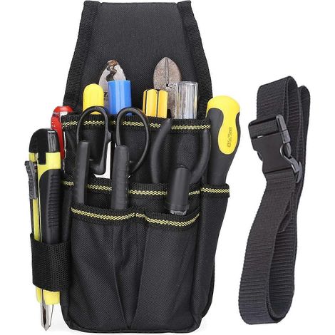 Sacoche à outils en toile, petite poche, avec bandoulière en nylon réglable, idéale pour les bricoleurs, électriciens, charpentiers et menuisiers (noire) (1/4)