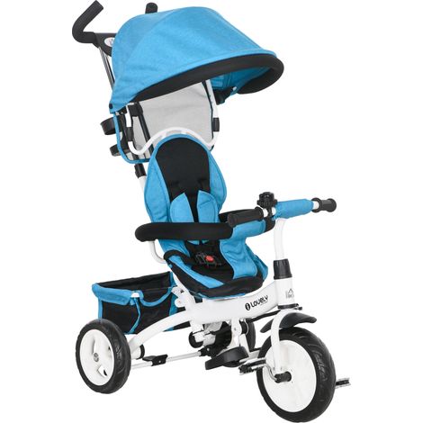 6-in-1 Kinderdreirad mit Schiebestange, Dach, Gurt, Ablagekorb, für 1-5 Jahre, Blau