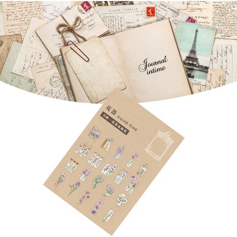 Infeel.Me PET Sticker Pack - Série Poésie, Vin, Fleurs, Rêves, Thé - Stickers décoratifs rétro pour journal artistique (20 feuilles) - Vase à fleurs (1/5)
