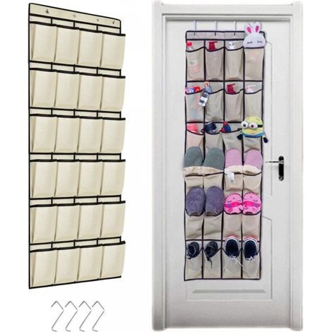 Beige Rangement de Chaussures Suspendu 24 Poches sur la Porte Stockage de Chaussures Gain de Place Armoire à Chaussures avec 4 Crochets (1/5)