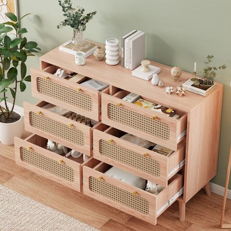 Cassettiera 100x34x73 cm - con 6 cassetti in rattan intrecciato - maniglie dorate - struttura in legno massello - MDF - stile country - per soggiorno e ingresso - legno naturale