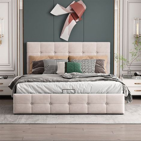 Lit rembourré coffre hydraulique 140x200 cm velours blanc crème avec sommier à lattes (sans matelas) (1/5)