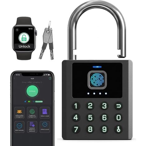 Cadenas à combinaison d'extérieur avec code à 9 boutons, contrôle par application Bluetooth, étanchéité IP67, cadenas à U robuste avec 2 clés pour portail, abri de jardin, camion (1/5)