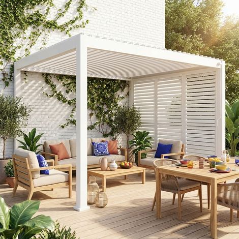 Pergola bioclimatique aluminium 4x3m blanc + 3 persiennes 100cm lames orientables Triomphe (1/5)