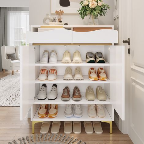 Meuble à chaussures blanc moderne avec LED RGB 16 couleurs – Armoire d'entrée compacte 80x35x105 cm, tiroirs et étagères – Rangement design éclairé pour couloir, salon et hall d'accueil (1/5)