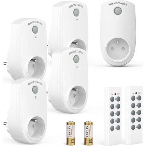 Set of 5 Programmable Electrical Outlets, Wireless Remote Controlled Outlets with 2 Remote Controls and 2 Batteries Included, 30M Control Distance in Open Areas, On/Off Function (1/5)