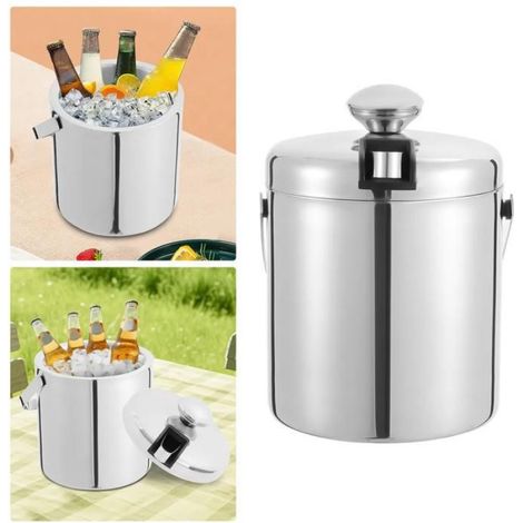 Seau à glaçons en acier inoxydable 1,3 L Seau à glace double couche Conteneur à glaçons avec couvercle et pinces (1/4)