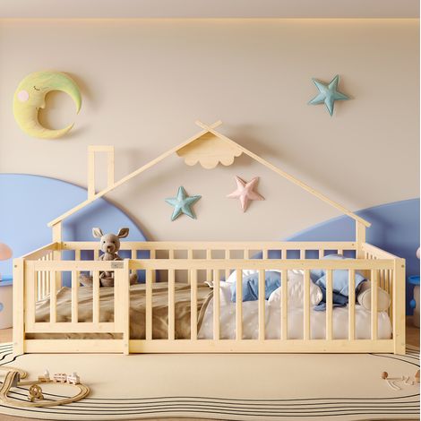 DESVIAE Lit enfant maison avec barrière verrouillable 90 x 190 cm en pin et mdf coloris naturel (1/5)