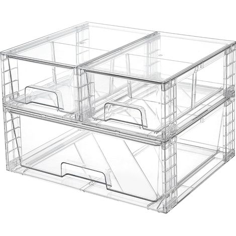 Lot de 3 tiroirs de rangement empilables, organisateurs en acrylique faciles à monter pour salle de bain sous le lavabo, boîtes en plastique transparentes pour armoire, placard (1/5)