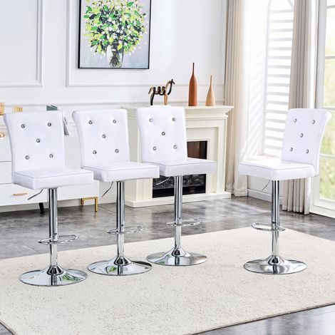 Lot de 4 tabourets de bar vintage effet cuir crocodile blanc, ornements cristal, revêtement synthétique, élégants pour salle à manger 43x37,5x104-125cm (1/5)