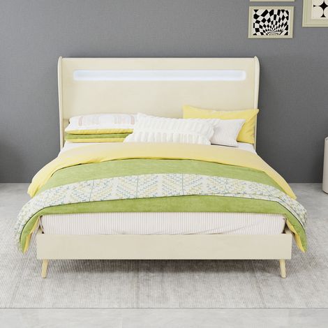 Bett Stoff Beige 140x200 cm mit verstellbarer Rückenlehne und LED-Beleuchtung (1/5)