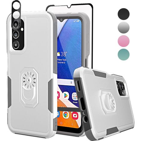 Custodia per Samsung Galaxy A14 5G (Xhy) – Struttura a doppio strato di livello militare, resistente alle cadute, con protezione per schermo e lente – Bianco/Grigio