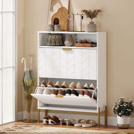 Meuble à chaussures 16 paires, armoire à chaussures étroite avec 2 tiroirs rabattables, compartiment ouvert, blanc (1/5)