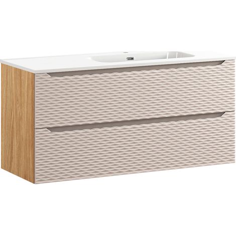 Petits-Meubles – Meuble sous vasque 120 cm avec 2 tiroirs – Vasque céramique blanche – Finition beige et bois chêne – Installation murale recommandée (1/5)