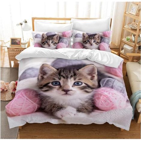 Parure de Lit Chat Imprimé Motif 90x190cm Housse de Couette,2 Taies d'oreiller 3D Literie en Microfibre,Boules de poils chats - Y75 (1/3)