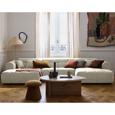 Lisa Design – Canapé panoramique en U 7 places – Tissu texturé beige – Assise bombée et dossier incurvé – Confort optimal et design contemporain