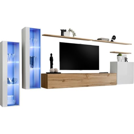 Composizione murale SWITCH XI – Mobile TV, vetrine sospese, cubo e scaffali – Rovere Wotan e bianco lucido – Design moderno