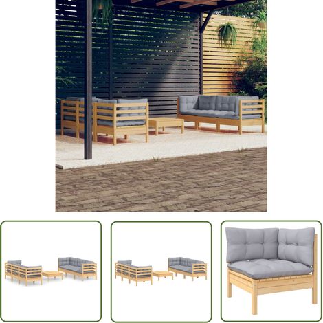 The Living Store Salon de jardin 7 pcs avec coussins gris bois de pin - Salon De Jardin - Mobilier De Jardin - Ensemble De Jardin - Meubles De Terrasse - Chaise Longue (1/5)