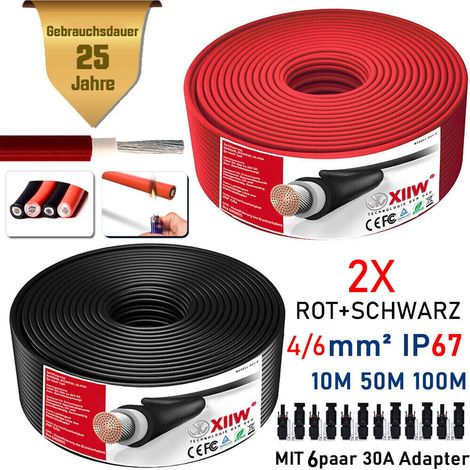 2PACK Solarkabel Rot+Schwarz 50+50m 4mm² 12AWG 1800V Verlängerungskabel inkl.Solarstecker Halogenfrei IP67 Doppelt Isolierter Qualitätsdraht PV-Kabel für Solarpanel Wechselrichter Laderegler