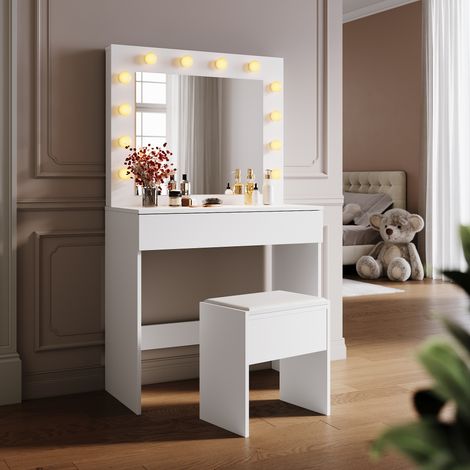 SIRHONA Toeletta Trucco Postazione Trucco con 12 Lampadine e Specchio 3 modalità di illuminazione Con 1 cassetto e sgabello Tavolo da Trucco Stile Moderno Bianco 80 x 40 x 140cm (1/5)