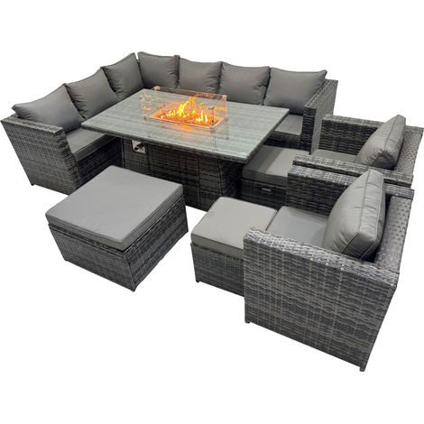 Fimous Rattan Garden Furniture Dining Set 11-seater Gas Firepit Dining Table Corner Sofa Set with 3 Stool Dark Grey Mixed (1/5)