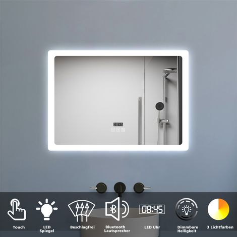 LED Spiegel 70x50cm mit Uhr Bluetooth Warmweiß Neutralweiß Kaltweiß Dimmbar Beschlagfrei Badspiegel mit Speicherfunktion CE IP44 (1/5)